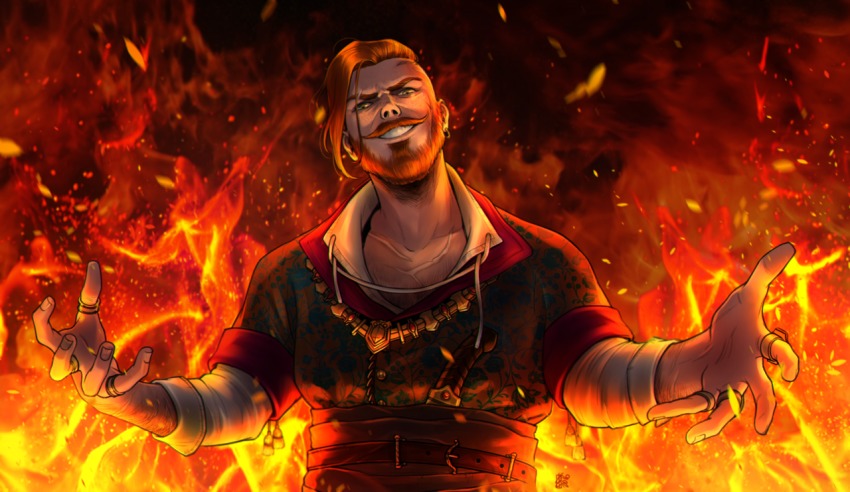 1boy, artist_name, beard, dagger, earrings, facial_hair, fire, freckles, green_eyes, jewelry, knife, male_focus, metsusan, mustache, olgierd_von_everec, orange_hair, ring, scar, solo, teeth, the_witcher_(series), the_witcher_3, weapon
