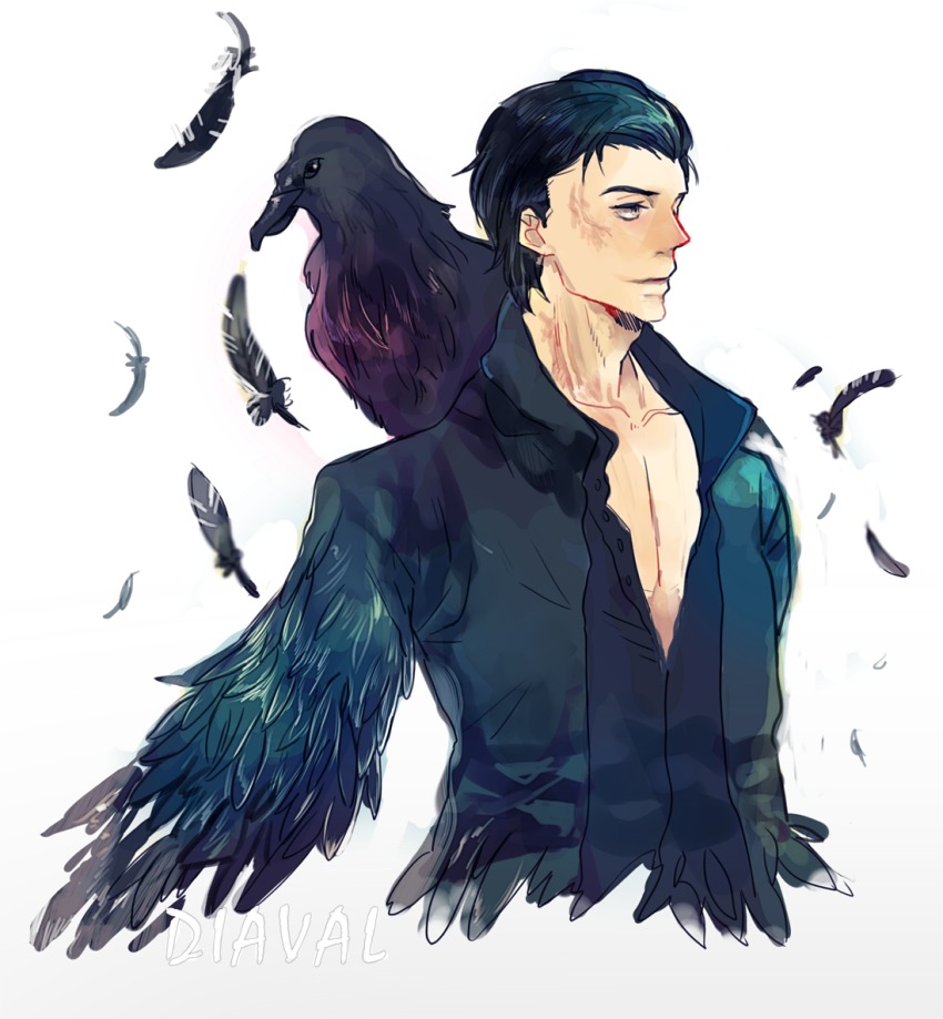 1boy, bad_id, bad_pixiv_id, bird, black_hair, character_name, crow, diaval, disney, feathered_wings, feathers, grey_eyes, male_focus, maleficent_(movie), mikann0206, scar, simple_background, sleeping_beauty_(disney), sleeping_beauty_(fairy_tale), solo, white_background, wings