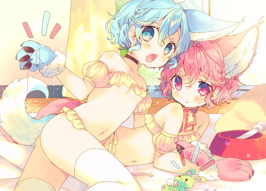 2girls, animal_ears, animal_hands, arm_support, ass, bad_id, bad_twitter_id, bare_shoulders