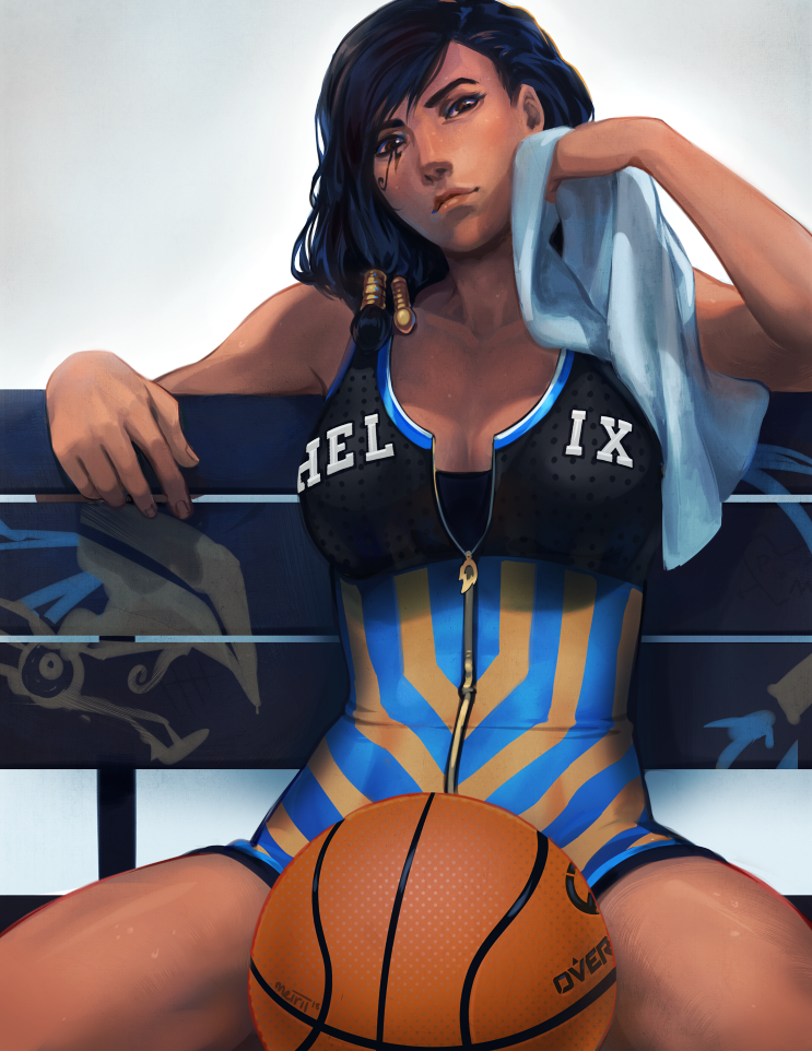 1girl, ball, basketball, basketball_(object), bench, bkomei, black_hair, breasts, brown_eyes, cleavage, collarbone, dark-skinned_female, dark_skin, eye_of_horus, facial_tattoo, female_focus, hair_tubes, head_tilt, lips, medium_breasts, nose, overwatch, overwatch_1, pharah_(overwatch), sitting, solo, sportswear, sweat, tattoo, towel, unzipped