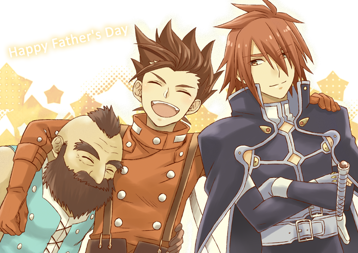3boys, beard, belt, brown_facial_hair, brown_hair, closed_eyes, closed_mouth, crossed_arms, dirk_(tales), facial_hair, father's_day, gloves, happy, kratos_aurion, lloyd_irving, male_focus, mohawk, multiple_boys, open_mouth, red_eyes, red_gloves, red_hair, red_shirt, saklo, shirt, smile, spiked_hair, spoilers, tales_of_(series), tales_of_symphonia, upper_body