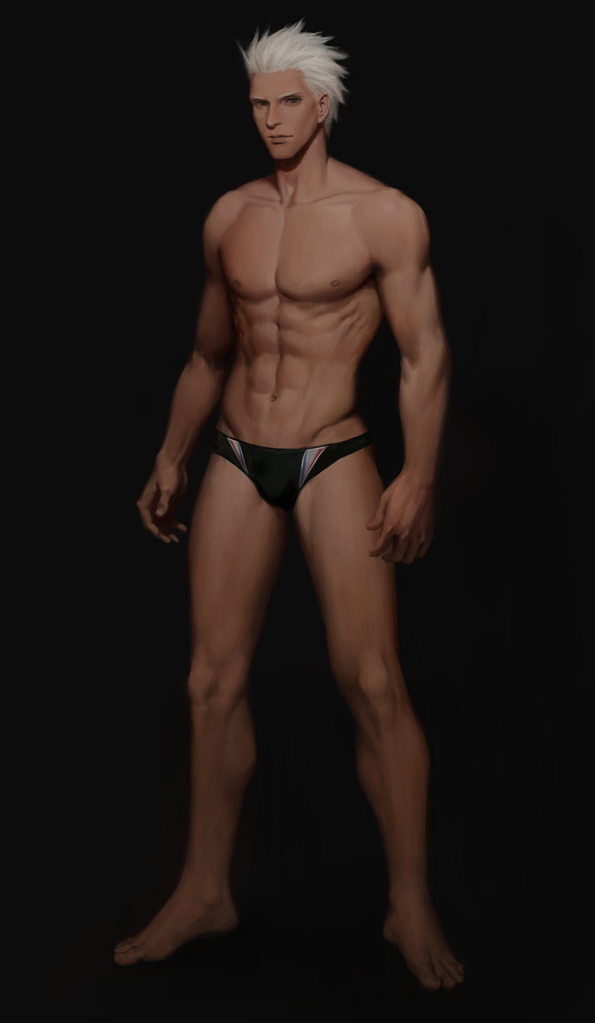 1boy, abs, absurdres, archer_(black_swimmer)_(fate), archer_(fate), arms_at_sides, bare_legs, barefoot