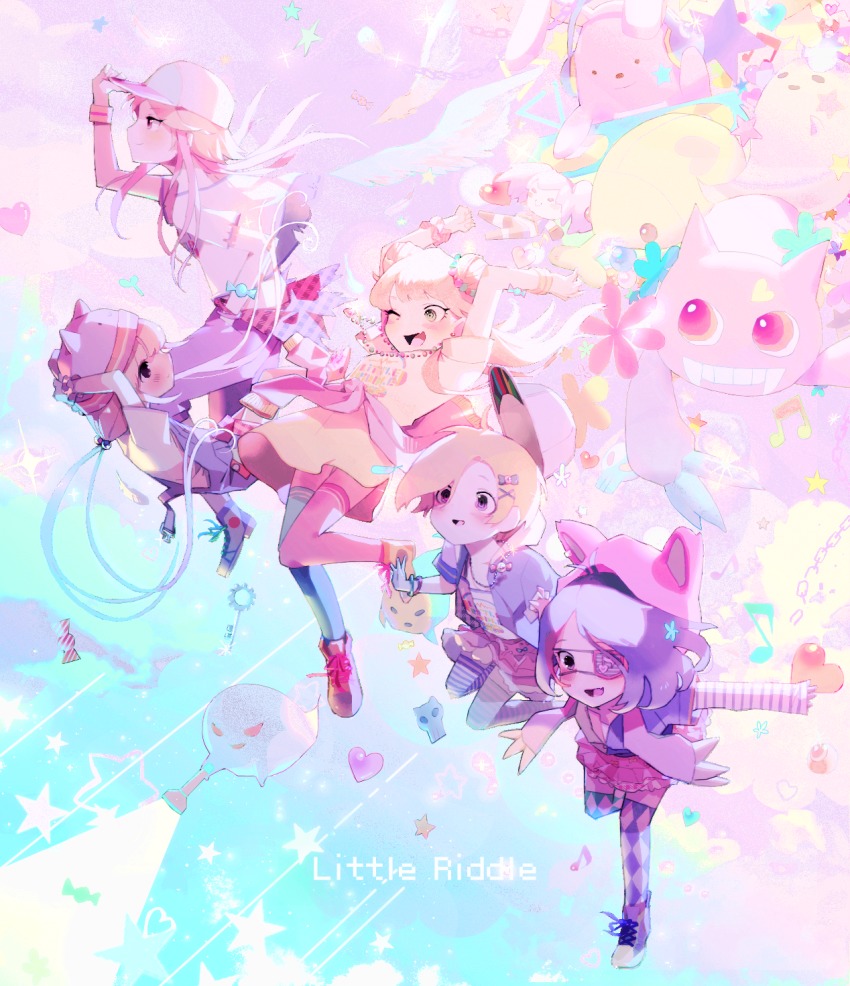 5girls, :d, adjusting_clothes, adjusting_headwear, alternate_hairstyle, angel_wings, animal_hat, animal_hood