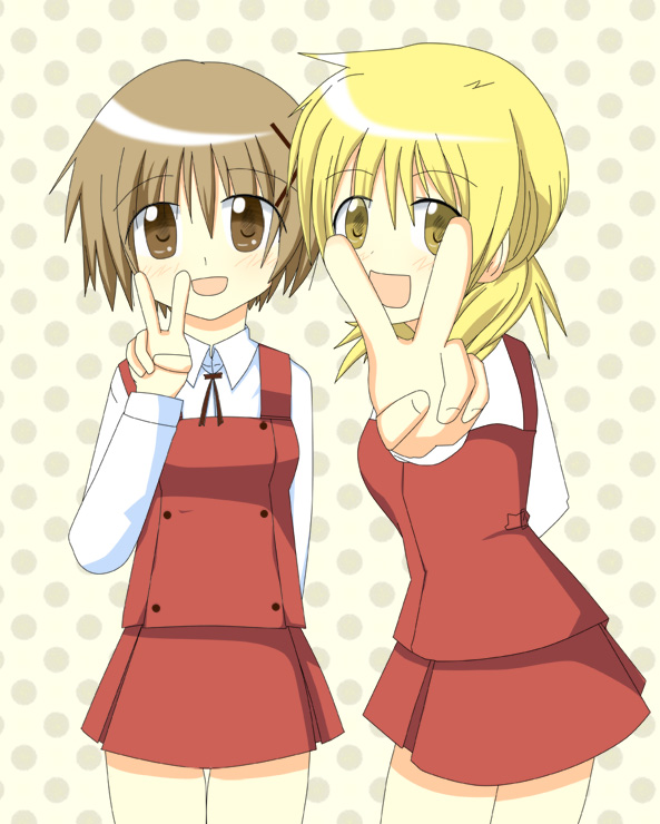 00s, blonde_hair, brown_eyes, brown_hair, hidamari_sketch, isacoo, miyako_(hidamari_sketch), school_uniform