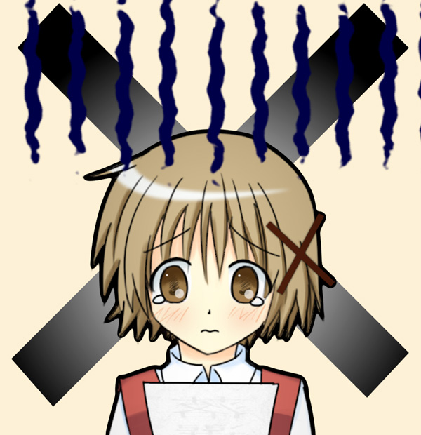 00s, 1girl, brown_eyes, brown_hair, female_focus, hidamari_sketch, isacoo, sad, school_uniform, short_hair, solo, tears, yamabuki_high_school_uniform, yuno_(hidamari_sketch)