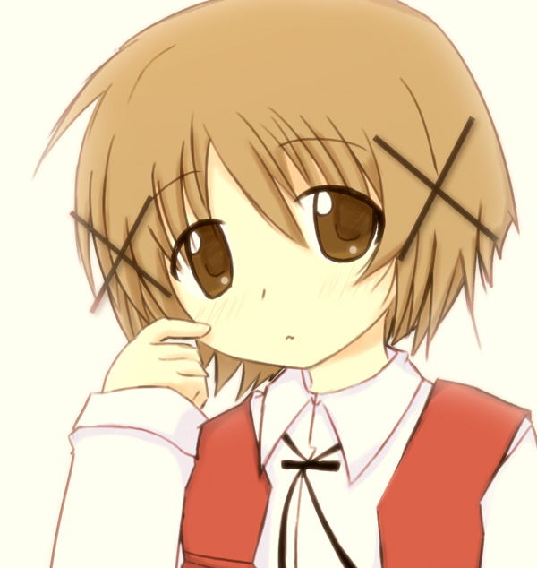 00s, 1girl, brown_eyes, brown_hair, female_focus, hidamari_sketch, isacoo, looking_at_viewer, school_uniform, short_hair, solo, white_background, yamabuki_high_school_uniform, yuno_(hidamari_sketch)