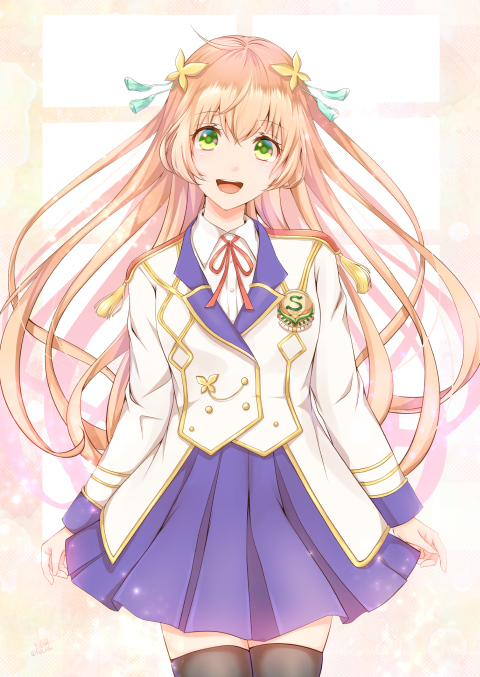 1girl, :d, aigisaki_kohana, alternate_hair_color, arms_at_sides, black_thighhighs, blue_skirt, female_focus, green_eyes, hair_ornament, magic-kyun!_renaissance, open_mouth, pink_hair, school_uniform, skirt, smile, solo, standing, tata_kitu, thighhighs