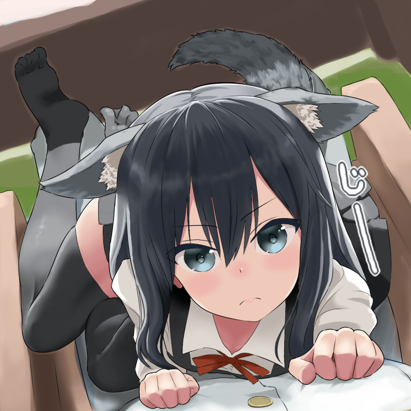 1girl, animal_ears, asashio_(kancolle), black_hair, black_thighhighs, blue_eyes, commentary_request, dog_ears