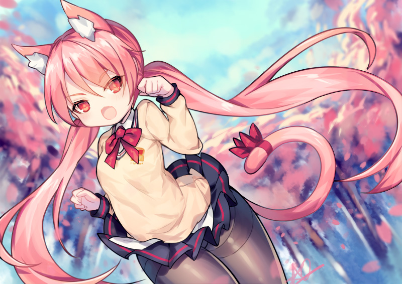 1girl, :3, :d, animal_ears, ao_jun, black_pantyhose, black_skirt, blue_sky, blurry, blurry_background, blush, bow, bowtie, cardigan, cat_ears, cat_girl, cat_tail, closers, clothes_lift, collared_shirt, day, depth_of_field, dutch_angle, female_focus, hair_between_eyes, hands_up, long_hair, luna_aegis_(closers), miniskirt, open_mouth, outdoors, pantyhose, pink_hair, pleated_skirt, red_bow, red_bowtie, red_eyes, school_uniform, shirt, skirt, skirt_lift, sky, smile, solo, tail, tail_bow, tail_ornament, thighband_pantyhose, tree, twintails, v-shaped_eyebrows, very_long_hair, white_shirt, wind, wind_lift