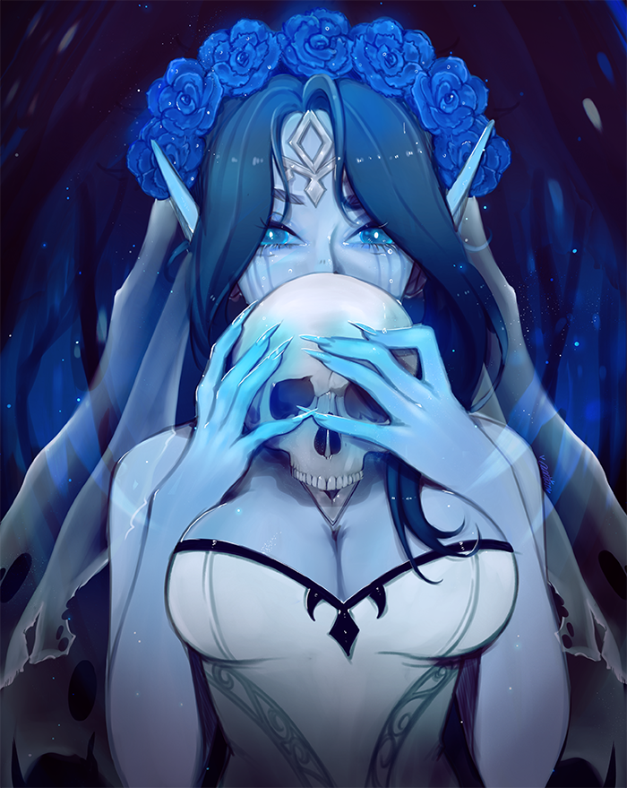 1girl, bare_shoulders, blue_eyes, blue_flowers, blue_skin, breasts, cleavage, colored_skin