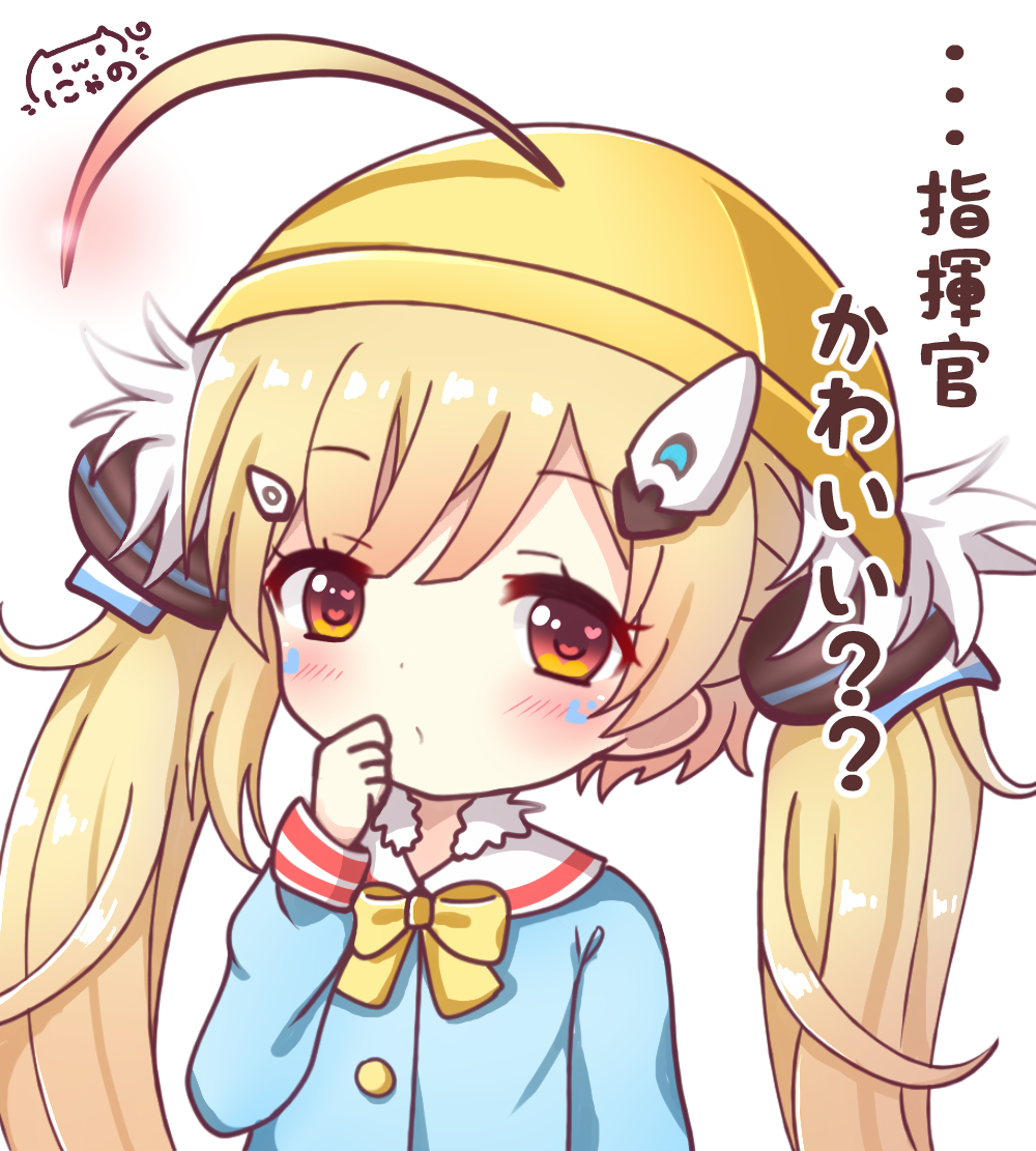 1girl, ahoge, azur_lane, blonde_hair, blue_shirt, blush, bow, bowtie