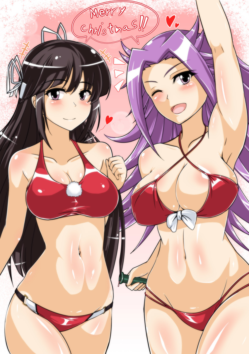 2girls, absurdres, bikini, black_hair, bottle, breasts, christmas, cleavage