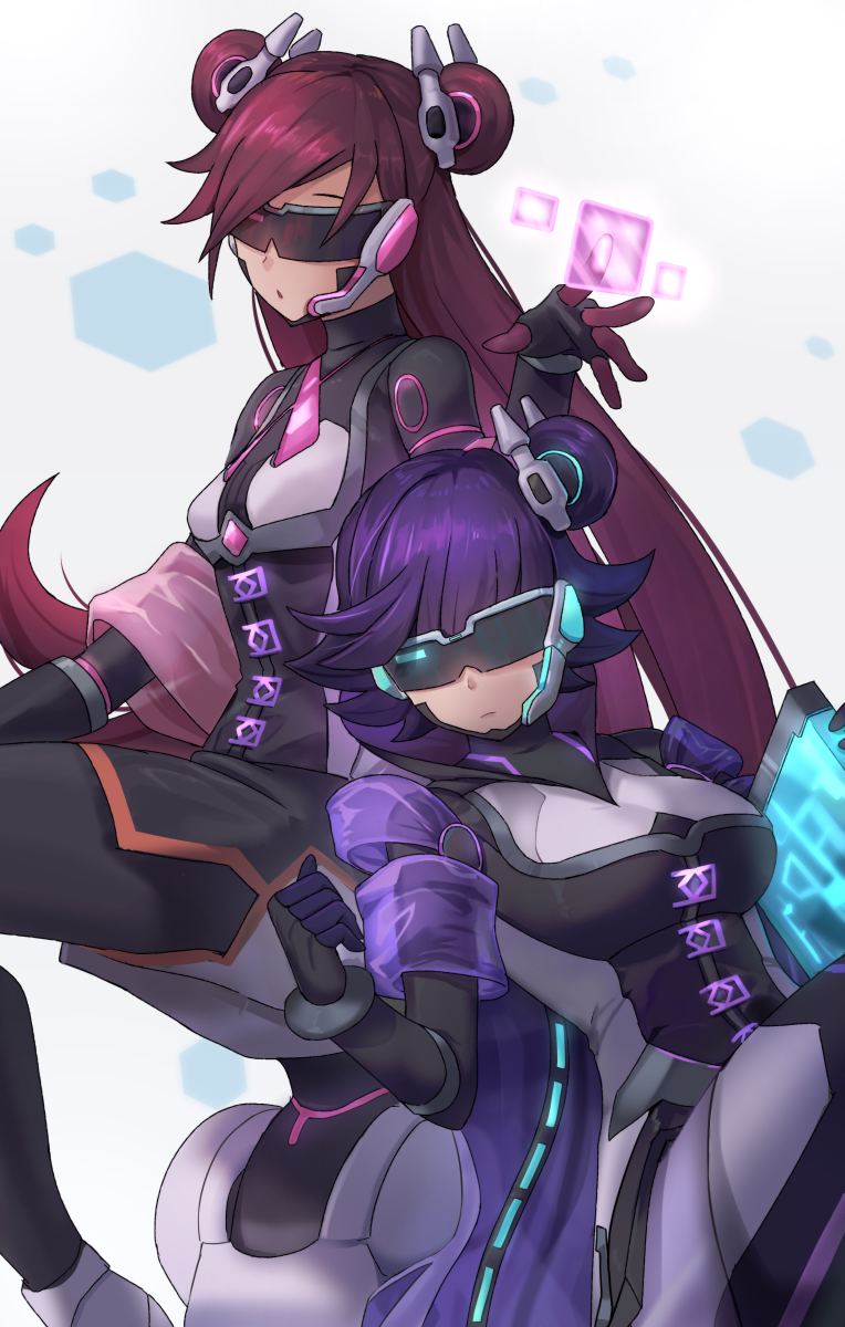 2girls, backup_operator, backup_secretary, blue_hair, bodysuit, breasts, commentary_request, duel_monster, facing_viewer, fingerless_gloves, gloves, goggles, hair_bun, hand_up, headphones, highres, hsin, large_breasts, long_hair, microphone, multiple_girls, parted_lips, red_hair, science_fiction, single_hair_bun, sitting, very_long_hair, yu-gi-oh!, yu-gi-oh!_vrains, yuu-gi-ou, yuu-gi-ou_vrains