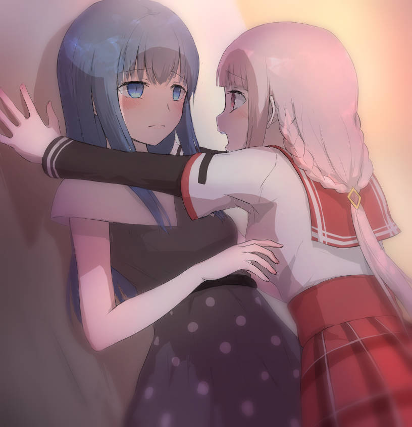 2girls, braid, ifpark_(ifpark.com), kabedon, magia_record:_mahou_shoujo_madoka_magica_gaiden, mahou_shoujo_madoka_magica, multiple_girls, nanami_yachiyo, plaid_clothes, plaid_skirt, school_uniform, serafuku, skirt, tamaki_iroha, yuri