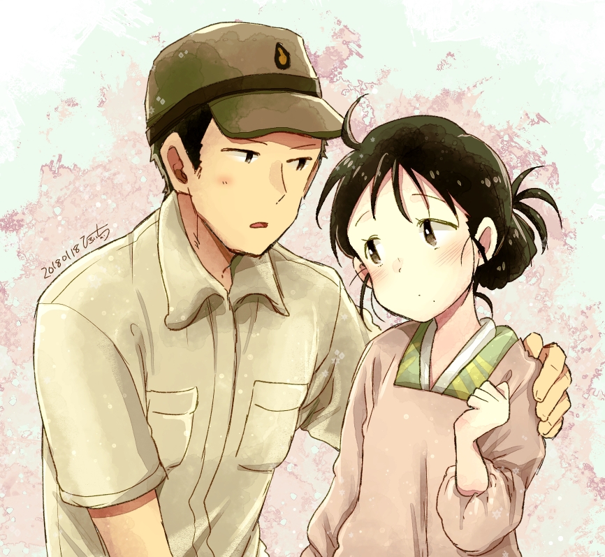 1boy, 1girl, ahoge, apron, black_hair, collared_shirt, commentary_request, dated