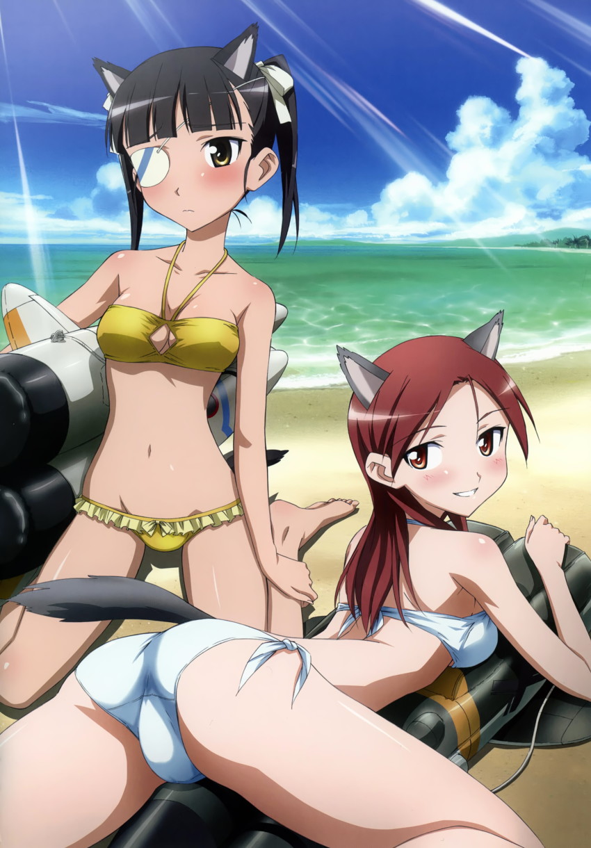 2girls, absurdres, alternate_hairstyle, animal_ears, ass, barefoot, beach, bikini