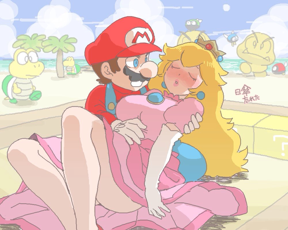 1boy, 1girl, ?_block, arm_around_shoulder, beach, blonde_hair, blue_eyes, blush, breasts, brooch, cloud, constricted_pupils, crown, dress, earrings, elbow_gloves, closed_eyes, facial_hair, gloves, goomba, hat, holding, jewelry, kneeling, koopa_troopa, large_breasts, lips, long_hair, looking_at_another, lying_on_person, mario, mario_(series), mustache, nintendo, nm_qi, overalls, para-biddybud, parted_lips, pink_dress, princess_peach, puffy_short_sleeves, puffy_sleeves, red_headwear, red_shirt, shirt, short_sleeves, sky, super_mario_3d_world, thighs, translated, tree, unconscious, water, white_gloves