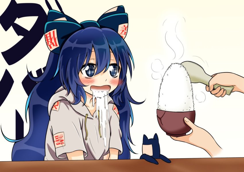 1girl, blue_bow, blue_eyes, blue_hair, blush, bow, bowl, commentary_request, drooling, gradient_background, grey_hoodie, hair_between_eyes, hair_bow, holding, holding_bowl, hood, hoodie, long_hair, migi_ma_hidari, multicolored_background, open_mouth, rice, saliva, short_sleeves, sidelocks, solo_focus, sparkling_eyes, stuffed_animal, stuffed_cat, stuffed_toy, touhou, two-tone_background, yorigami_shion