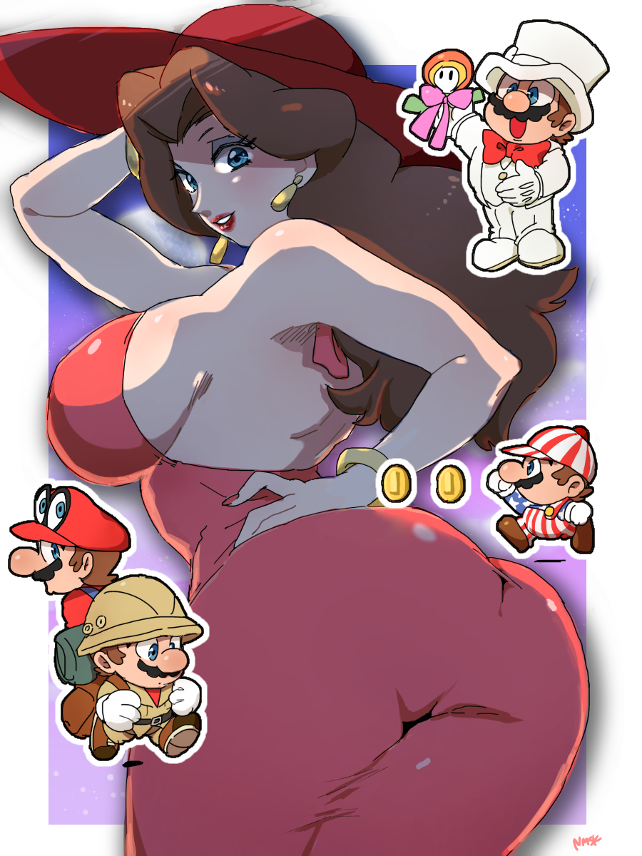 1boy, 1girl, alternate_costume, arm_up, artist_name, ass, backless_dress, backless_outfit, backpack, bag, bare_arms, bare_shoulders, belt, blue_eyes, border, bow, bowtie, bracelet, breasts, brown_footwear, brown_hair, cappy_(mario), coin, cowboy_shot, curvy, donkey_kong_(series), dress, earrings, eyeshadow, facial_hair, fedora, fire_flower, floating_earrings, full_moon, gloves, gold_bracelet, gold_earrings, hand_on_own_head, hand_on_own_hip, hat, helmet, highres, hip_focus, holding, huge_ass, impossible_clothes, impossible_dress, jacket, jewelry, large_breasts, lipstick, long_hair, long_sleeves, looking_at_viewer, looking_back, makeup, mario, mario_(series), moon, multiple_views, mustache, nail_polish, night, nintendo, nm_qi, open_mouth, outline, outside_border, outstretched_arm, overalls, pants, parted_lips, pauline_(nintendo), pink_bow, pith_helmet, red_bow, red_dress, red_headwear, red_lips, red_nails, red_shirt, safari_jacket, shirt, shoes, sideboob, skin_tight, sky, star_(sky), star_(symbol), star_print, striped_clothes, striped_headwear, super_mario_odyssey, top_hat, tuxedo, white_border, white_footwear, white_gloves, white_headwear, white_jacket, white_outline, white_pants, wide_hips