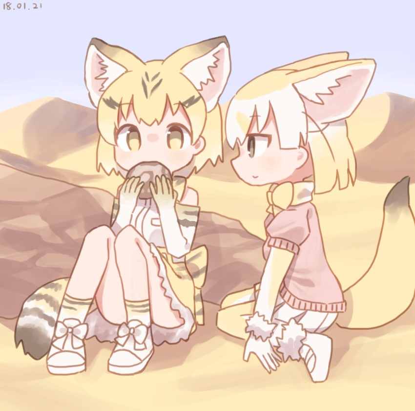 10s, 2girls, animal_ears, animal_print, blonde_hair, blue_sky, bow, bowtie, brown_eyes, cat_ears, cat_tail, colo_(frypan_soul), dated, day, desert, eating, elbow_gloves, extra_ears, fennec_(kemono_friends), food, fox_ears, fox_tail, frilled_skirt, frills, fur_trim, gloves, highres, holding, holding_food, japari_bun, kemono_friends, looking_at_another, miniskirt, multiple_girls, muted_color, outdoors, pink_sweater, print_gloves, print_legwear, print_skirt, sand_cat_(kemono_friends), shirt, short_hair, short_sleeves, sitting, skirt, sky, sleeveless, sleeveless_shirt, smile, sweater, tail, wariza, white_gloves, white_skirt, yellow_eyes, yellow_legwear, yellow_neckwear