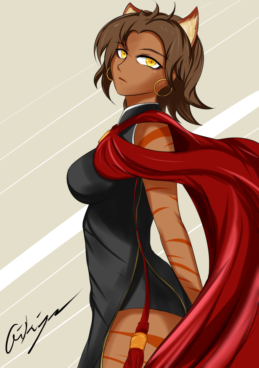 absurdres, aikiyun, animal_ears, artist_name, brown_hair, cat_ears, dark-skinned_female, dark_skin