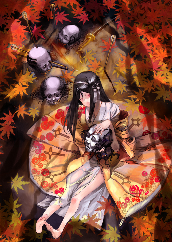 arrow_(projectile), barefoot, black_hair, corpse, corpses, feet, japanese_clothes, kimono, leaf, long_hair, moruga, severed_head, sitting, solo