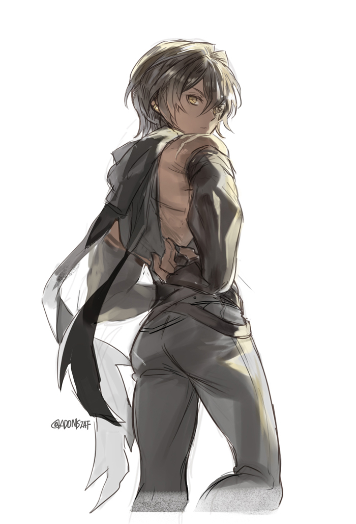 1boy, adoniszaf, ass, backless_outfit, black_gloves, closed_mouth, dark_skin, dark-skinned_male, earrings, fingerless_gloves, gloves, granblue_fantasy, hood, jamil_(granblue_fantasy), jewelry, looking_back, male_focus, simple_background, skin_tight, sleeveless, solo, twitter_username, very_dark_skin, white_background, yellow_eyes