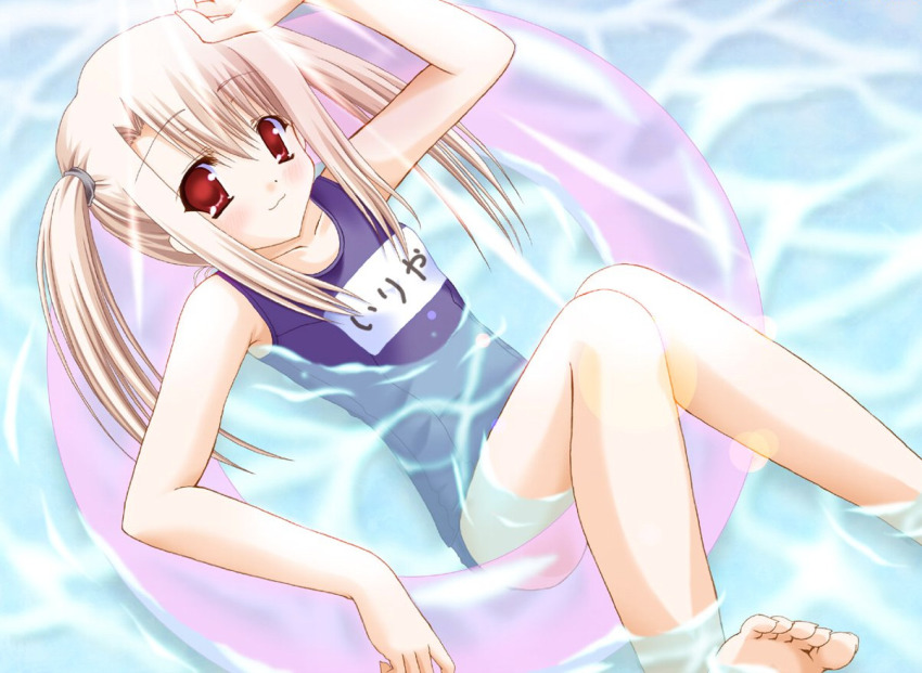 00s, :3, barefoot, blonde_hair, fate/stay_night, fate_(series), illyasviel_von_einzbern, innertube, long_hair, name_tag, non-web_source, one-piece_swimsuit, red_eyes, sakuraba_yukine, school_swimsuit, solo, swim_ring, swimsuit, twintails