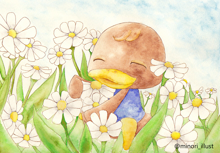 animal_crossing, animal_focus, artist_name, bill_(animal_crossing), bird, duck, closed_eyes, flower, furry, leaf, minomushi_mi37, nintendo, painting_(medium), solo, traditional_media, watercolor_(medium)