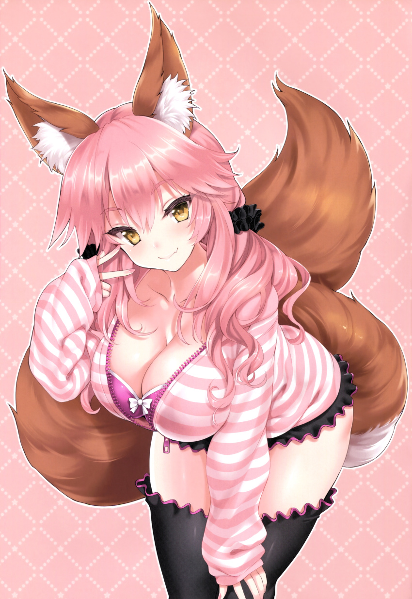 10s, 1girl, absurdres, animal_ears, bent_over, black_scrunchie, black_thighhighs, blush