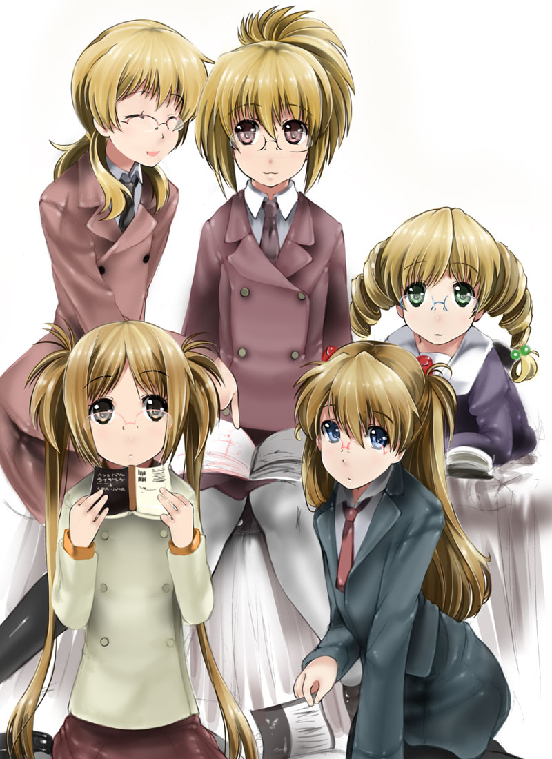 00s, 5girls, abubu, bamboo_blade, bespectacled, blonde_hair, book, chiba_kirino