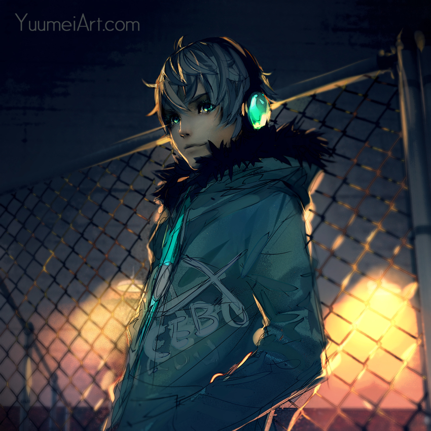 1boy, blue_eyes, closed_mouth, fence, fisheye_placebo, frey_(fisheye_placebo), headphones, highres