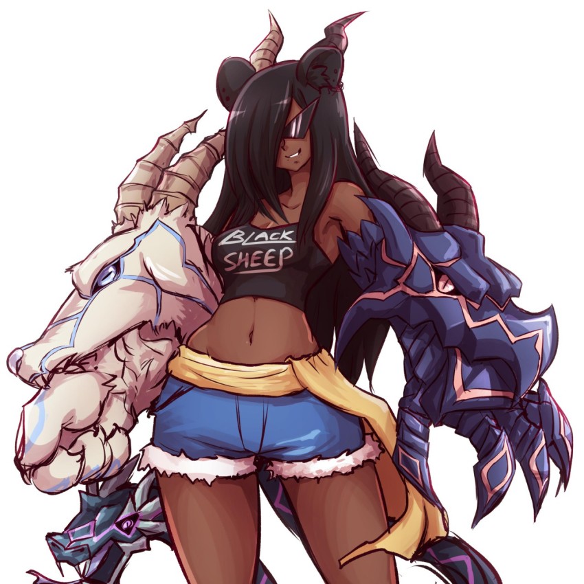 1girl, alternate_costume, animal_ears, animal_hands, bare_shoulders, black_hair, blue_shorts, chimaera_(monster_girl_encyclopedia)