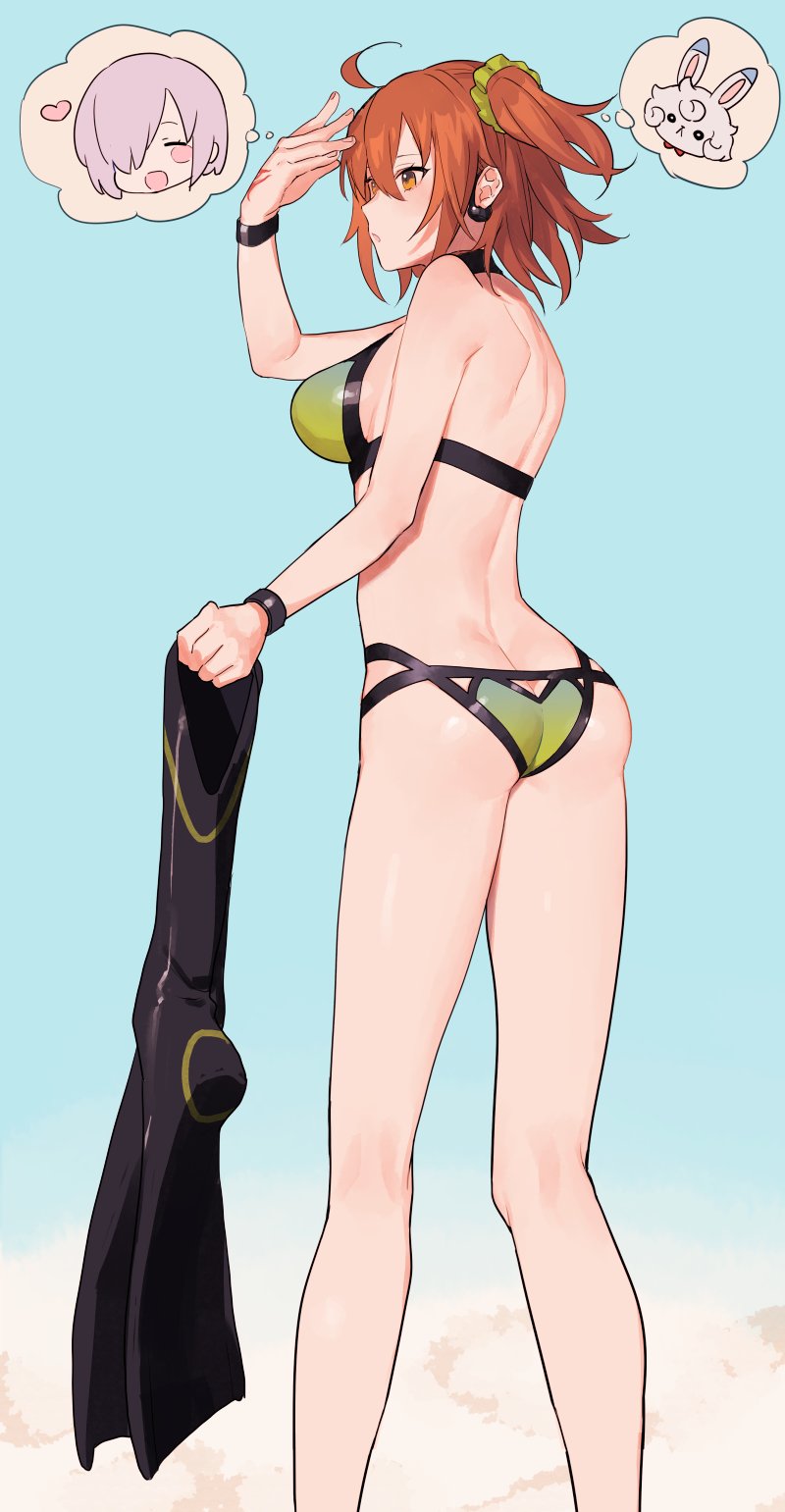 1girl, ass, ass_cutout, bad_id, bad_twitter_id, bikini, butt_crack, clothing_cutout, fate/grand_order, fate_(series), female_focus, fou_(fate), fujimaru_ritsuka_(female), hair_ornament, hair_scrunchie, highres, keyhole_bikini, mash_kyrielight, mash_kyrielight_(dive_to_blue), official_alternate_costume, orange_eyes, orange_hair, scrunchie, short_hair, side_ponytail, solo, speech_bubble, standing, swimsuit, thought_bubble, yayata_(884)