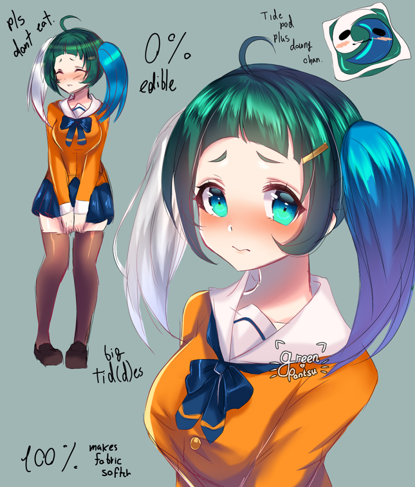 1girl, ahoge, bad_id, bad_instagram_id, blouse, blue_hair, blush, english_text