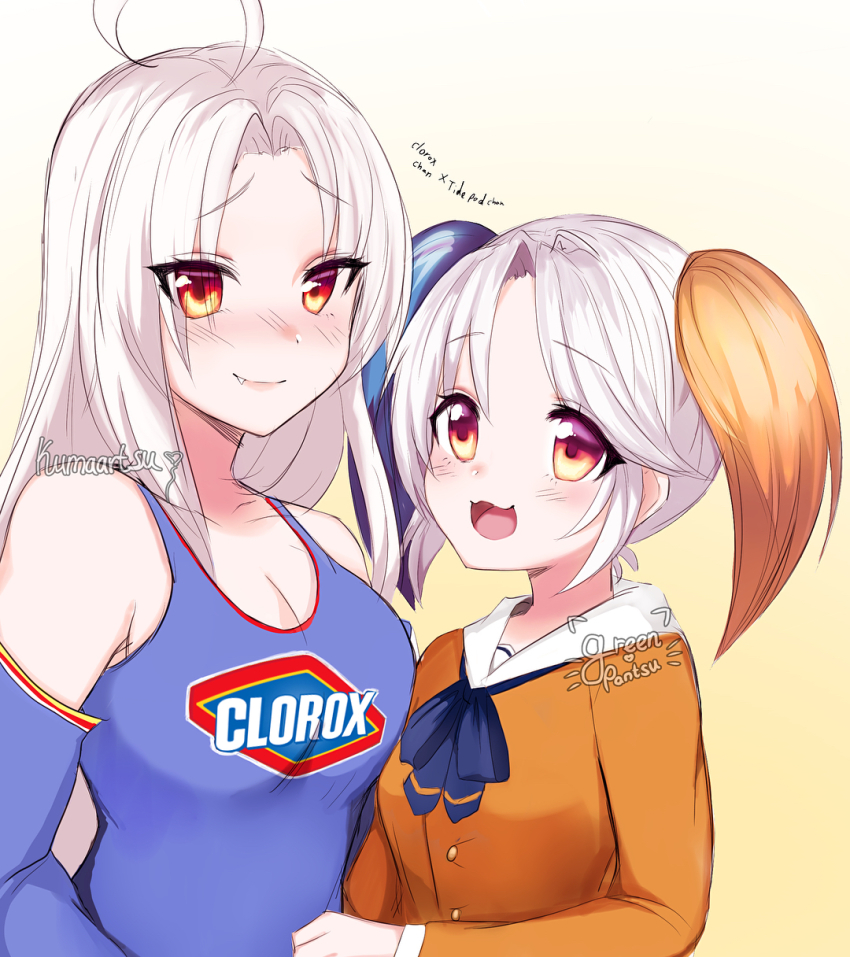 2girls, ahoge, bad_id, bad_instagram_id, blouse, blue_hair, blue_shirt, blush