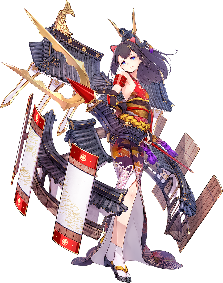 1girl, armpits, black_hair, blue_eyes, elbow_gloves, female_focus, fingerless_gloves, full_body, fuyuno_yuuki, geta, gloves, hair_ornament, hand_on_own_chest, highres, hikone_(oshiro_project), japanese_clothes, long_hair, official_art, oshiro_project:re, ponytail, sandals, shachihoko, solo, tabi, transparent_background