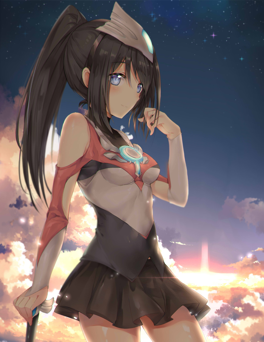 1girl, absurdres, backlighting, bare_shoulders, black_hair, black_skirt, blue_eyes, blush, breasts, closed_mouth, clothing_cutout, cloud, cloudy_sky, commentary, contrapposto, covered_collarbone, cowboy_shot, diffraction_spikes, female_focus, genderswap, genderswap_(mtf), gloves, gradient_sky, grey_gloves, hair_between_eyes, hand_in_own_hair, hand_on_hilt, hand_up, headgear, high_ponytail, highres, light_particles, light_smile, long_hair, looking_at_viewer, medium_breasts, miniskirt, night, outdoors, personification, pleated_skirt, ponytail, shiny_skin, shoulder_cutout, sidelocks, sideways_glance, skirt, sky, solo, standing, star_(sky), starry_sky, sunlight, sunrise, tareme, taro_(ultrataro), turtleneck, ultra_series, ultraman_orb, ultraman_orb_(series)