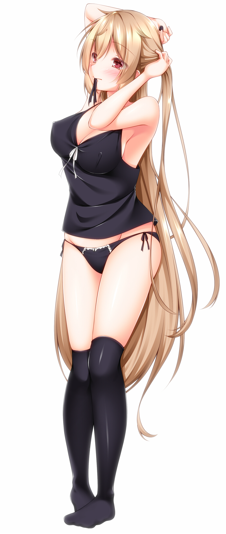 1girl, adjusting_hair, alternate_costume, armpits, black_panties, black_thighhighs, breasts, cleavage
