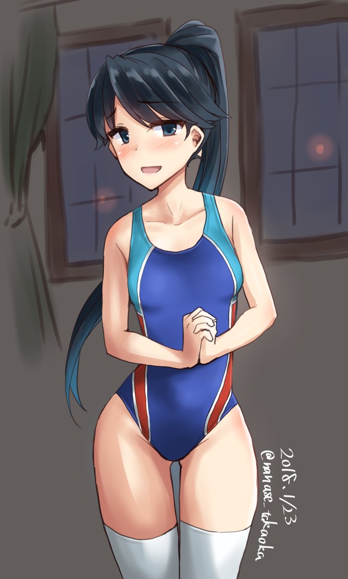 1girl, black_eyes, black_hair, blue_one-piece_swimsuit, competition_swimsuit, cosplay, cowboy_shot, dated