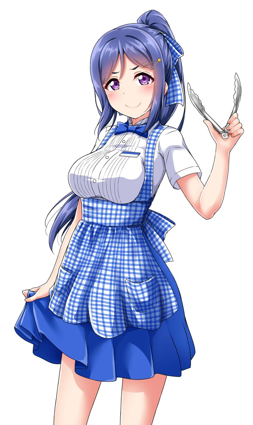 1girl, apron, blue_apron, blue_bow, blue_bowtie, blue_hair, blue_skirt, blush