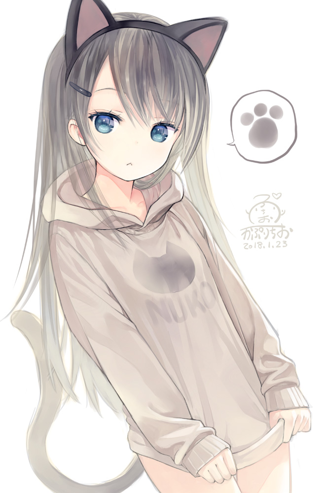 1girl, :<, animal_ears, blue_eyes, capriccio, cat_ears, cat_girl, cat_tail, closed_mouth, clothes_tug, commentary_request, fake_animal_ears, female_focus, grey_hoodie, hair_ornament, hairclip, hood, hood_down, hoodie, long_hair, long_sleeves, looking_at_viewer, ochi_ripca, original, sidelocks, signature, silver_hair, simple_background, solo, spoken_paw_print, tail, very_long_hair, white_background