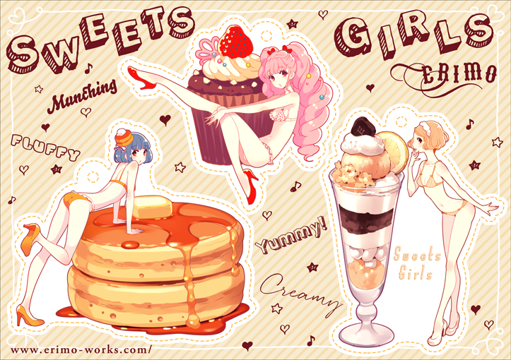 3girls, arm_support, bare_arms, bare_legs, bare_shoulders, blue_hair, bow, bra, brown_eyes, butter, cake, commentary_request, cupcake, diagonal_stripes, dotted_line, drill_hair, english_text, food, food-themed_hair_ornament, hair_bow, hair_ornament, heart, high_heels, leg_up, light_brown_hair, long_hair, md5_mismatch, multiple_girls, musical_note, nishimura_eri, orange_bra, orange_panties, orange_shoes, original, outline, pancake, pancake_hair_ornament, pancake_stack, panties, parfait, pink_hair, polka_dot, polka_dot_bra, quaver, red_bow, red_eyes, red_footwear, resolution_mismatch, shoes, sitting, source_larger, standing, standing_on_one_leg, star_(symbol), striped_background, striped_bra, striped_clothes, striped_panties, syrup, twin_drills, twintails, underwear, underwear_only, vertical-striped_bra, vertical-striped_clothes, vertical-striped_panties, watermark, web_address, white_bra, white_footwear, white_panties