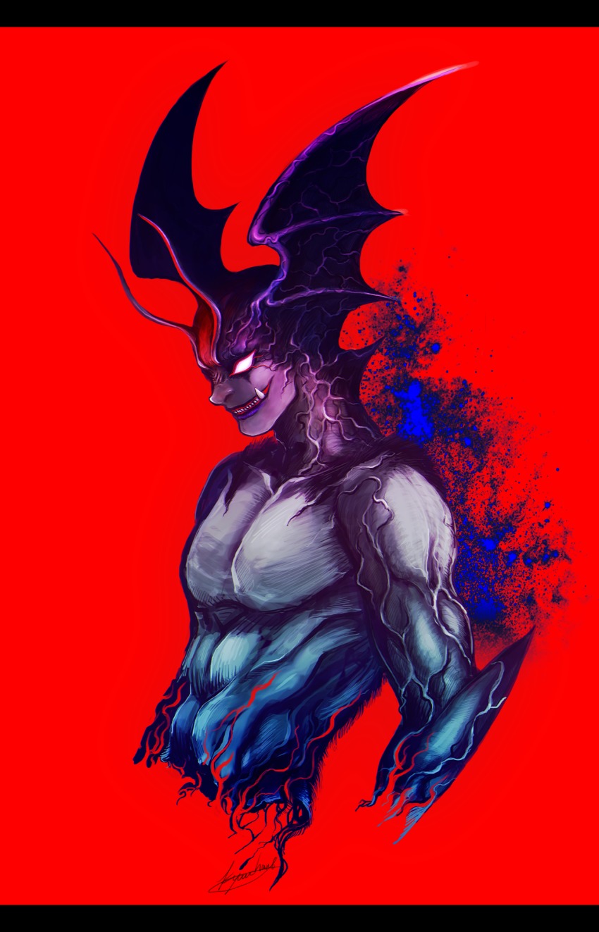 1boy, abs, demon_wings, devilman, devilman_(character), devilman_crybaby, fang, fudou_akira, head_wings, highres, kyooochang, male_focus, red_background, red_eyes, sharp_teeth, topless_male, simple_background, solo, teeth, veins, wings