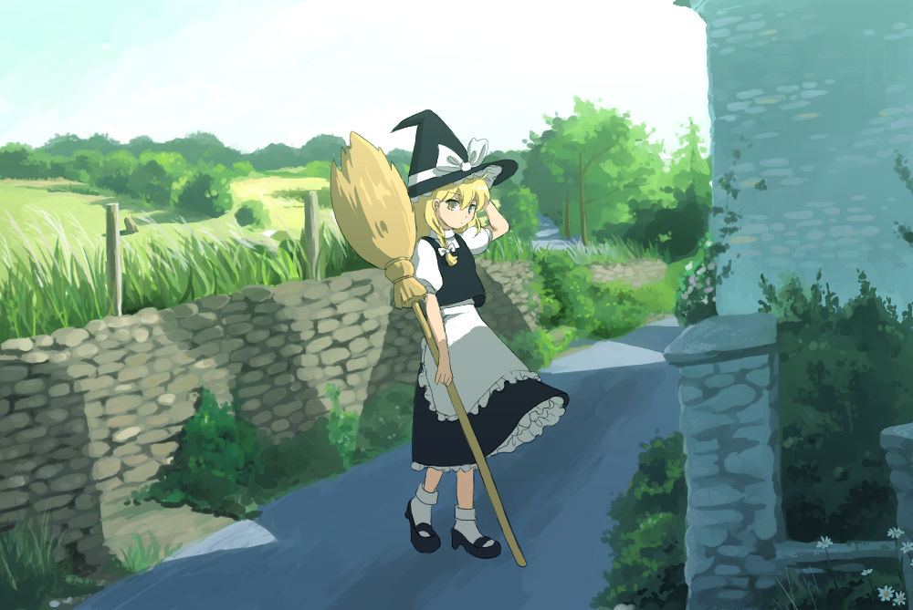 1girl, anime_coloring, black_hat, black_shoes, blonde_hair, broom, female_focus, full_body, hand_on_headwear, hat, kirisame_marisa, landscape, natsume_(menthol), natsume_(pixiv), nature, shoes, solo, standing, touhou