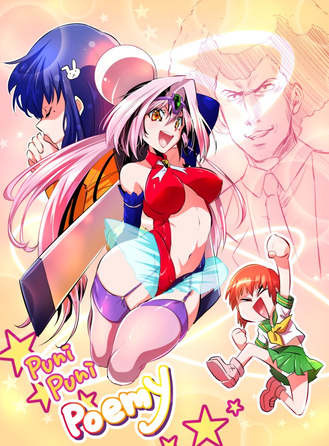 >_<, 1boy, 3girls, afro, blue_gloves, breasts, bridal_gauntlets, center_opening