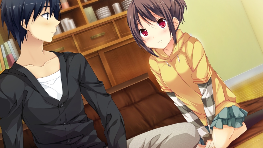1boy, 1girl, blue_hair, brown_hair, game_cg, hair_bun, highres, hood, hoodie, kanojo_to_ore_to_koibito_to, marui_(koedame), matsugami_haruto, red_eyes, single_hair_bun, sitting, skirt