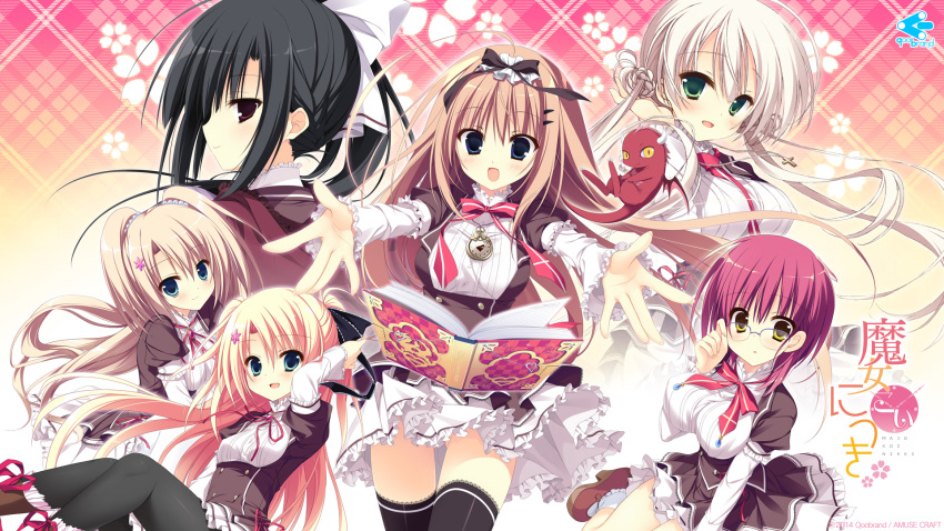 5girls, asakura_hayate, black_hair, blonde_hair, blue_eyes, book, copyright_name, dragon, fujita_konron, glasses, green_eyes, hair_ribbon, highres, inugami_kira, kashiwabara_mii, kozakura_ryou, long_hair, majo_koi_nikki, multiple_girls, nanno_alice, necktie, official_art, official_wallpaper, pink_hair, ponytail, ribbon, school_uniform, short_hair, suou_hijiri, tokeizaka_kanon, tokeizaka_rei