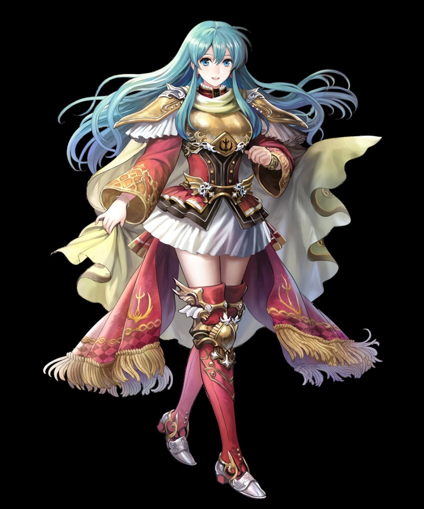 1girl, asatani_tomoyo, boots, cape, eirika_(anamnesis_lady)_(fire_emblem), eirika_(fire_emblem), female_focus, fire_emblem, fire_emblem:_the_sacred_stones, fire_emblem_heroes, full_body, highres, holding, holding_unworn_cape, holding_unworn_clothes, long_hair, nintendo, official_art, red_boots, skirt, solo, standing, thighhighs, transparent_background, unworn_cape, white_skirt