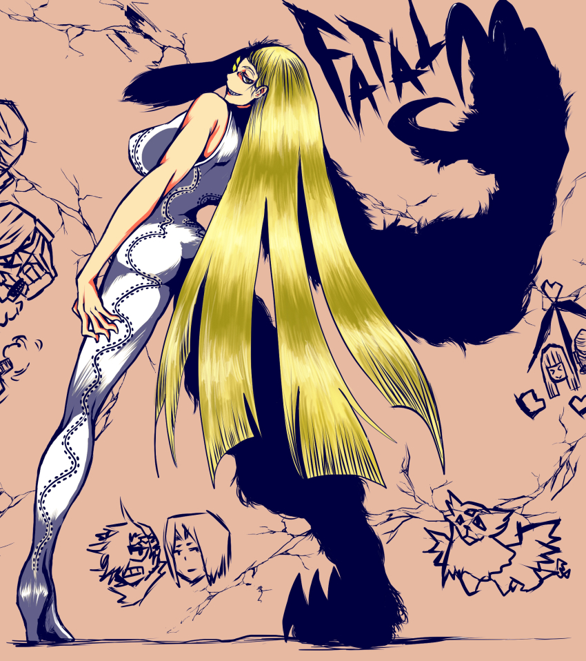 back, blonde_hair, blunt_bangs, bodysuit, breasts, fatal, grin, highres